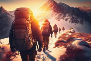 Group tourists of hiker sporty people walks in winter photo