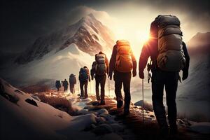 Group tourists of hiker sporty people walks in winter on mountains photo