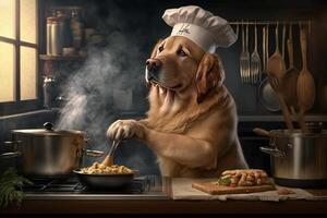 Golden Retriever Classically Trained Chef making something on kitchen photo