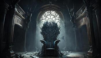 Majestic throne in the castle of darkness in a horror place photo