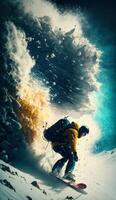 Mountain winter storm snow slope and snowboarder photo