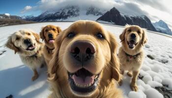 Cute golden retriever taking selfie together image photo