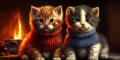 two little kittens in Christmas dog sweaters in front of fire place photo