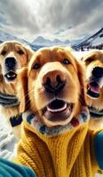 a group of golden retriever dogs wearing dog sweater taking selfie photo