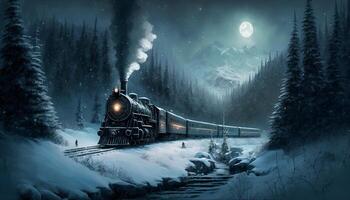 Fantasy train across a winter wilderness in full moon night photo