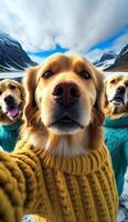 A group of cutest golden retriever taking selfie on a beautiful view photo