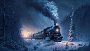 Fantasy train across a winter wilderness in blue night photo