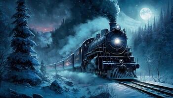 fantasía tren a través de un invierno desierto en el lleno Luna noche generativo ai foto