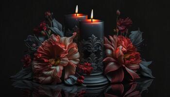 photo front view of burning candles with red with beautiful red flowers