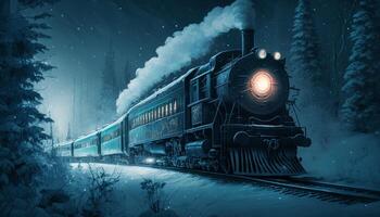 fantasía tren a través de un invierno desierto en fantasía noche generativo ai foto