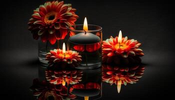 photo front view of burning beautiful candles with red candles on black background