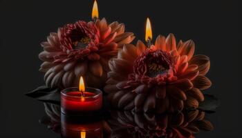 photo front view of burning candles with red flowers on dark background