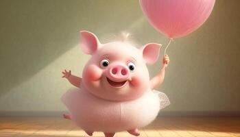 cutest fluffy white pig wearing dress and holding a balloon generative AI photo