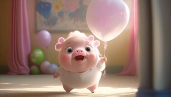 A cute little fluffy cute pixer style white pig holding a pink balloon photo