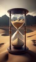 Hourglass filled with soil on the background of a desert landscape photo