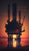 Installation for oil production at sunset at the edge of a sea photo