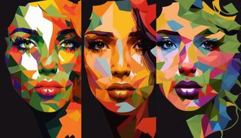 low poly Colorful women three face collage colorful image generative AI photo
