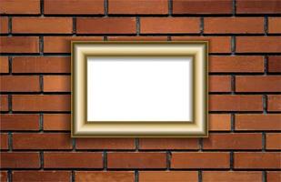 Vector mockup. White poster in a gold frame hangs on a red brick wall. Picture in gallery with copy space. Empty blank. Brick wall, textured surface. Creative interior template