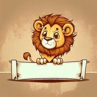 cute cartoon character of lion holding a banner image photo