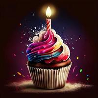 delicious birthday cupcake with burning candle image photo