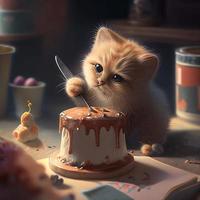 cute little cat making a cake in the kitchen photo