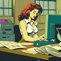 girl doing office work , style of 90's vintage image photo