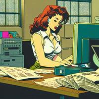 girl doing office work , style of 90's vintage image photo