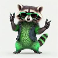 funny and rocking raccoon in green sunglasses in white background photo