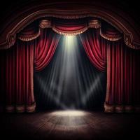 dark theater stage with red curtains and spotlight photo