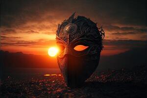 the sun on the horizon and a mask of a hero photo