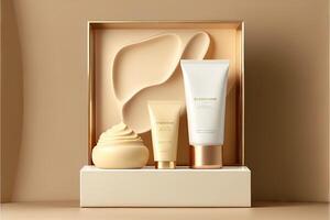 display product in podium, beige background color Cosmetic product presentation photo