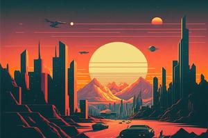 City landscape in the middle of the desert with sunset in the background. Digital illustration. AI photo