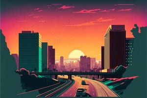 City landscape in the middle of the desert with sunset in the background. Digital illustration. AI photo