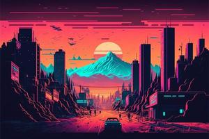 City landscape in the middle of the desert with sunset in the background. Digital illustration. AI photo