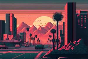 City landscape in the middle of the desert with sunset in the background. Digital illustration. AI photo