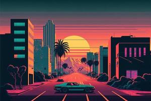 City landscape in the middle of the desert with sunset in the background. Digital illustration. AI photo