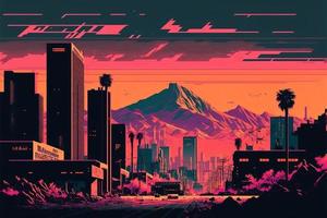 City landscape in the middle of the desert with sunset in the background. Digital illustration. AI photo