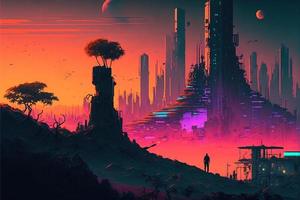 City landscape in the middle of the desert with sunset in the background. Digital illustration. AI photo