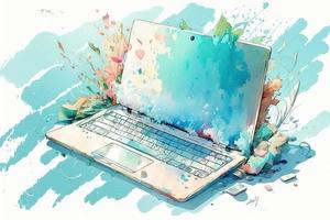 beautiful light blue laptop watercolor photo