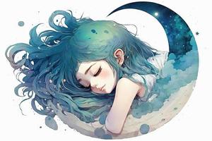 beautiful light blue Girl on sleeping on moon hot photo