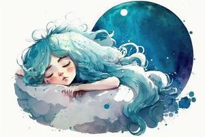 beautiful light blue Girl on sleeping on moon hot photo