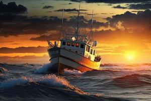 sunset ocean fishing boat sea sky photo
