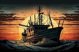 sunset ocean fishing boat sea sky photo