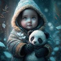 cute baby panda with winter fairy background photo