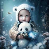 cute baby panda with winter fairy background photo