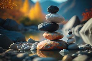 Balancing rocks and pebbles in front of nature BG photo