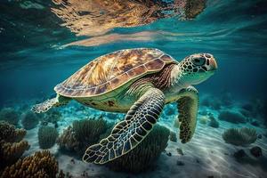 Green sea turtle swimming coral photo