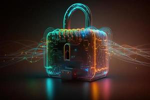 cyber security concept neon padlock with intercom photo