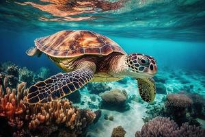 Green sea turtle swimming coral photo