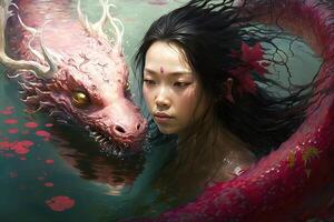 Asian girl with Pink Dragon Spirit guardian swimming photo